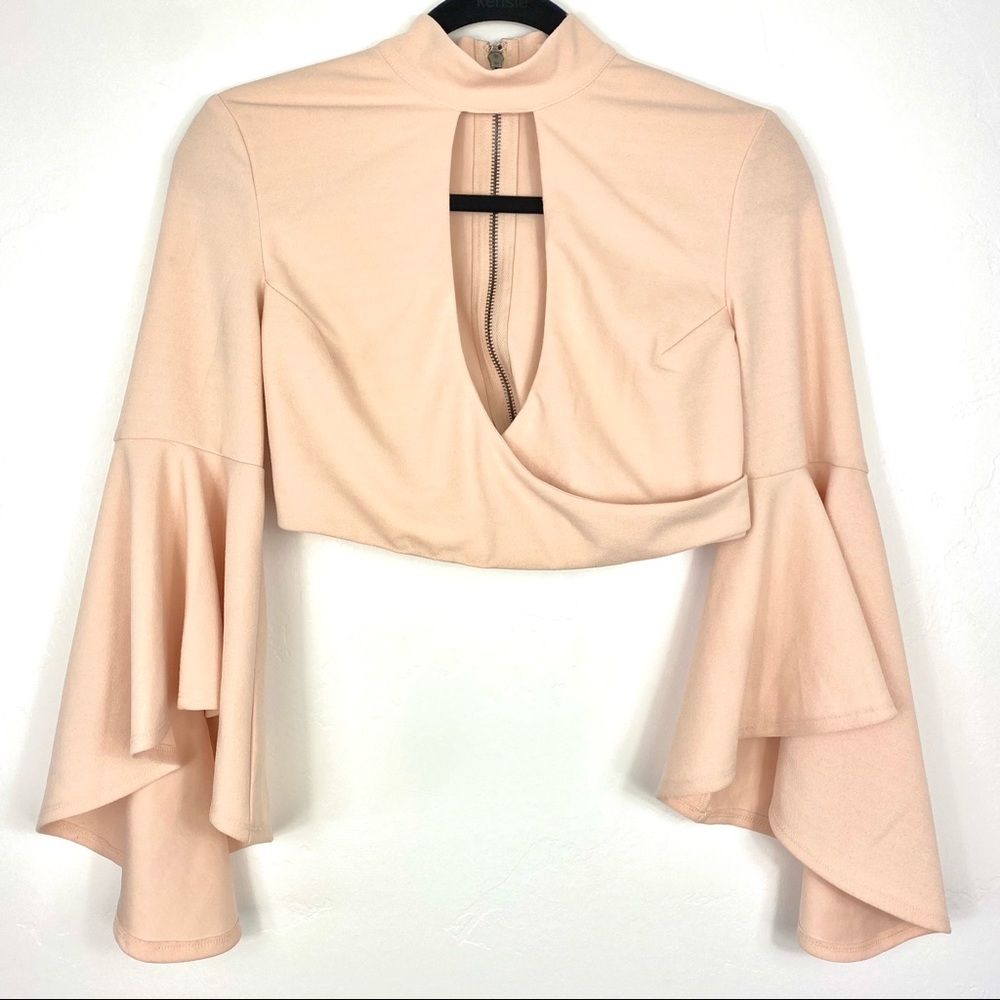 Seek the Label Blush Pink Bell Sleeve Mock Neck Keyhole Full Zip Wrap Crop Top - Picture 7 of 8